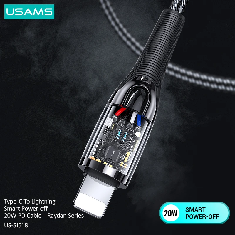 USAMS Raydan PD 20 Вт умный кабель отключения питания Lightning Кабель для быстрой зарядки и