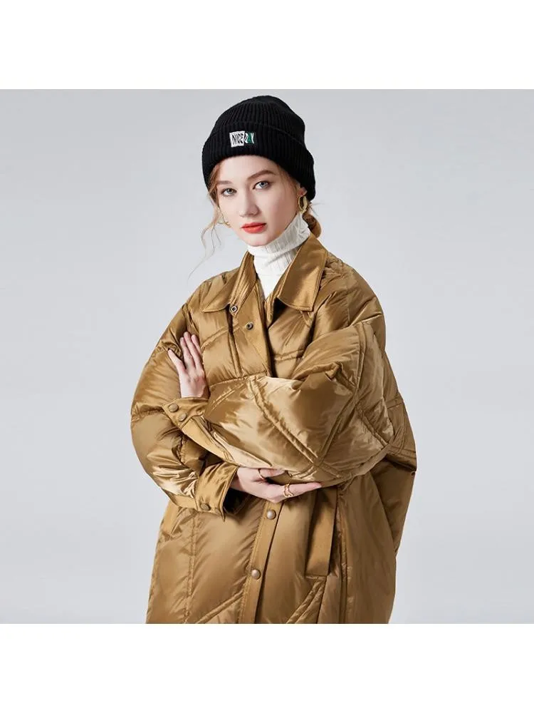 High-End Warmer Bread Jackets Women's 2022 Winter New Fashion Bright Shirt Collar Loose Long Black 90 White Down Coats