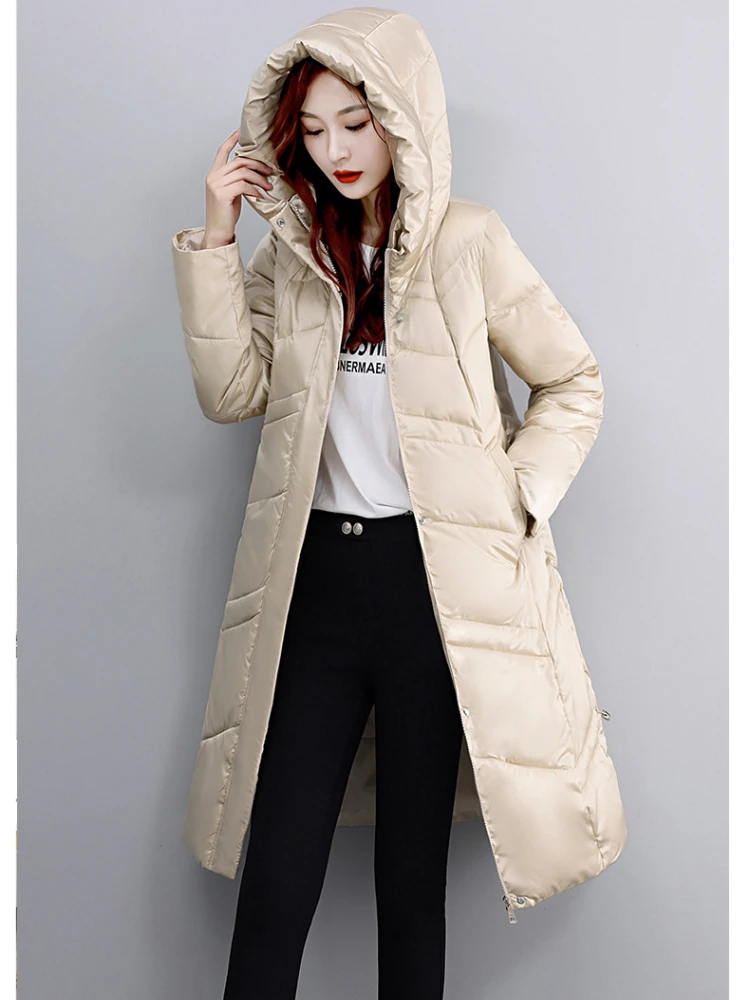 

Elegant Solid Color Casual Parkas Fur Women Autumn Winter Solid Color Zip Up Button Sweet Loose Fashion Long Coat Down 2022