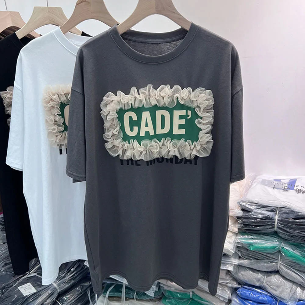 

Fashion Simple Mesh Patchwork Pullover T-shirt Women's 2023 Summer Letter Printing Loose Cotton Top Tees woman kpop pro choice