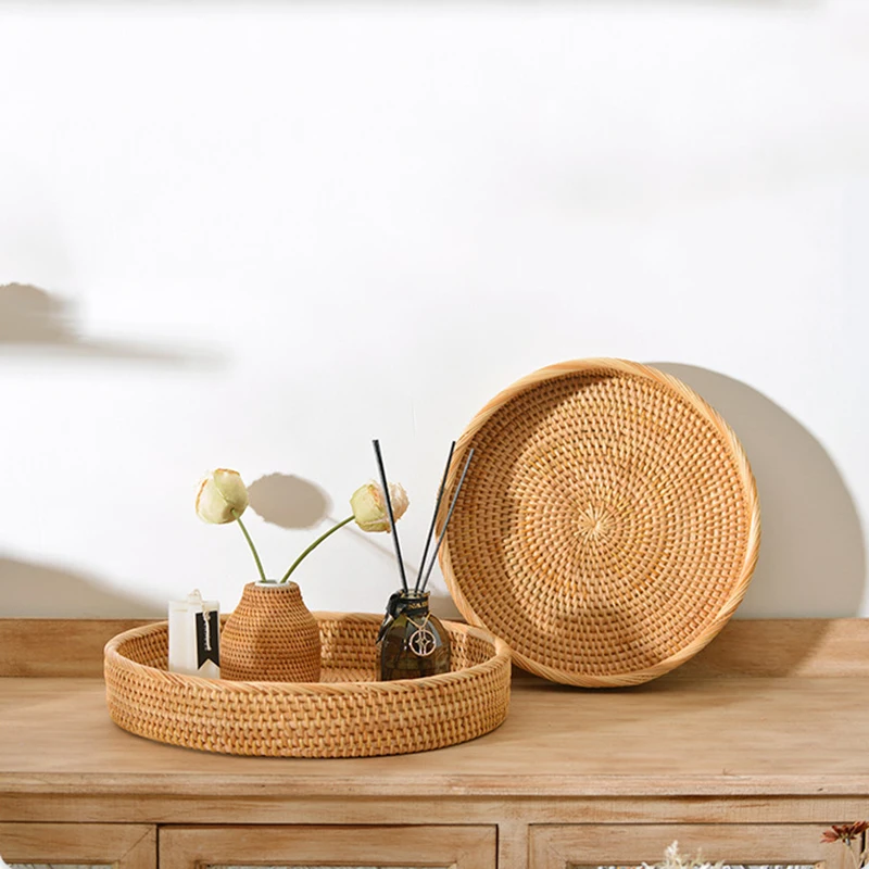 

Hand-Woven Rattan Serving Tray Without Handles Decorative Rattan Tray for Coffee Table Round Basket Tray for Fruits Vegetables