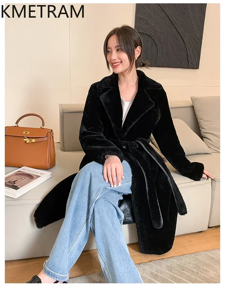 Женская шуба из натуральной мериносовой шерсти с поясом куртка натурального