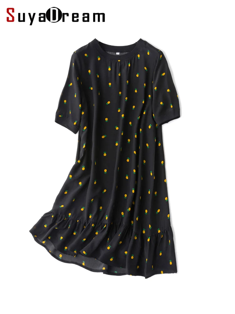 SuyaDream Woman Mini Dresses 100%Silk Crepe de chine O neck  A-Line Printed Butterfly Dress 2022 Summer Clothes Black