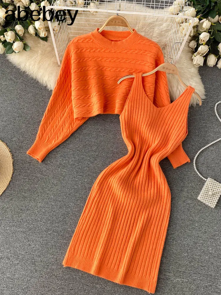 

Women Elegant Slim Two Piece Sets Female Sweater Dress Autumn Winter High Waist Knitted Ensemble Femme Medium Long Party Dresses