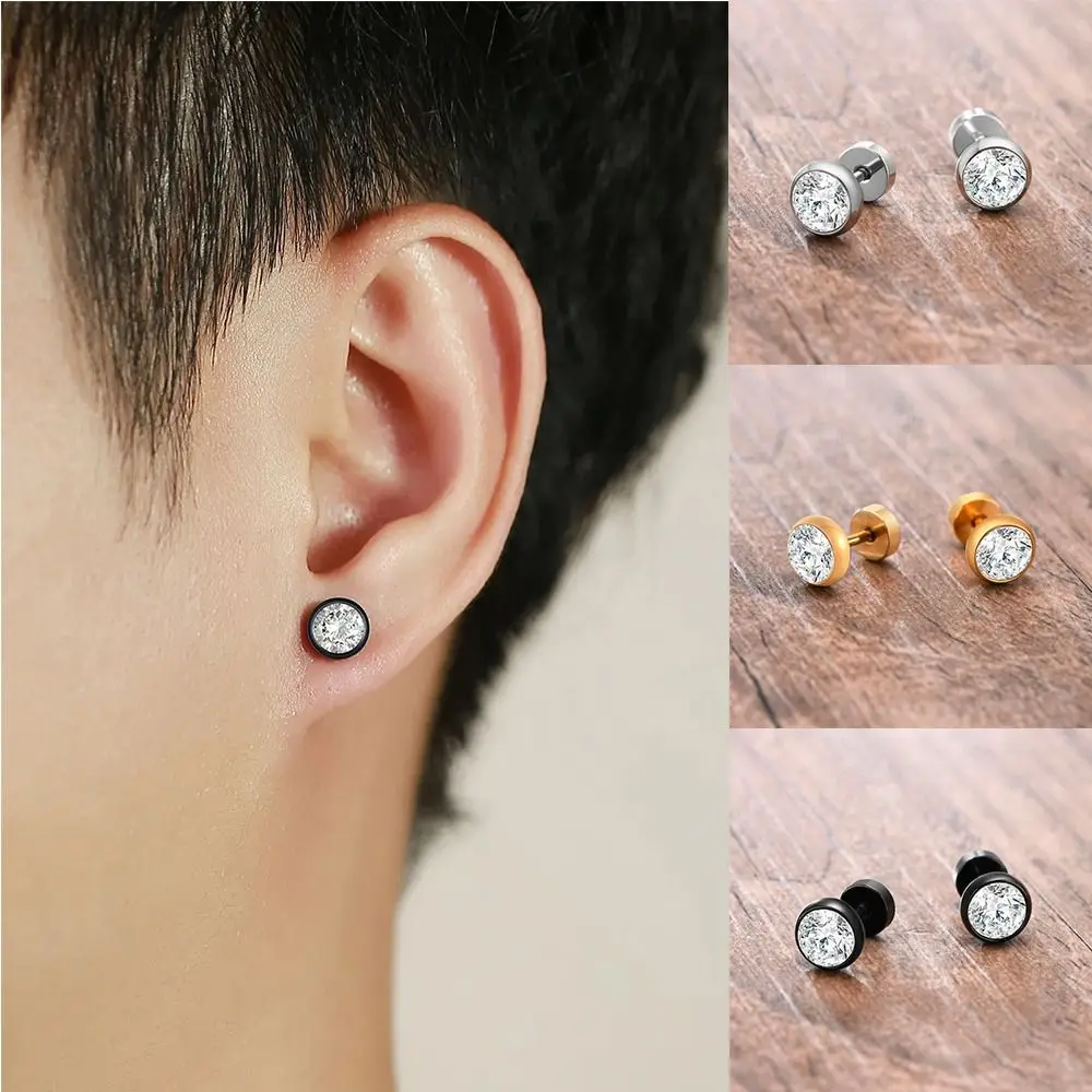 

Zircon Earrings Stainless Steel Ear Stud Solitaire Stone Unisex Ear Jewelry for Women Men