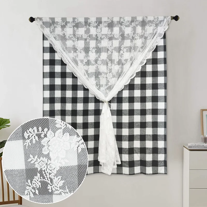 

Plaid Window Curtains Elegant Floral Lace Sheer Curtain for Bedroom Farmhouse Double Layers Room Darkening Drapes 1 Piece TJ7376