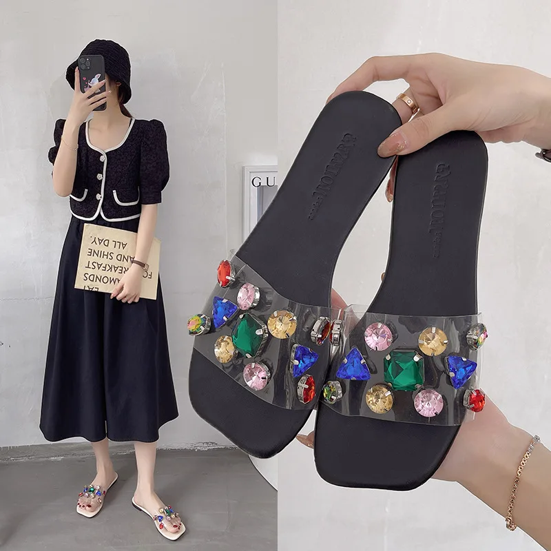 

Summer New Women's Flat Bottom Word Pvc Material Square Head Slippers Women's Large Size Rhinestone Beach Sandals and Slippers