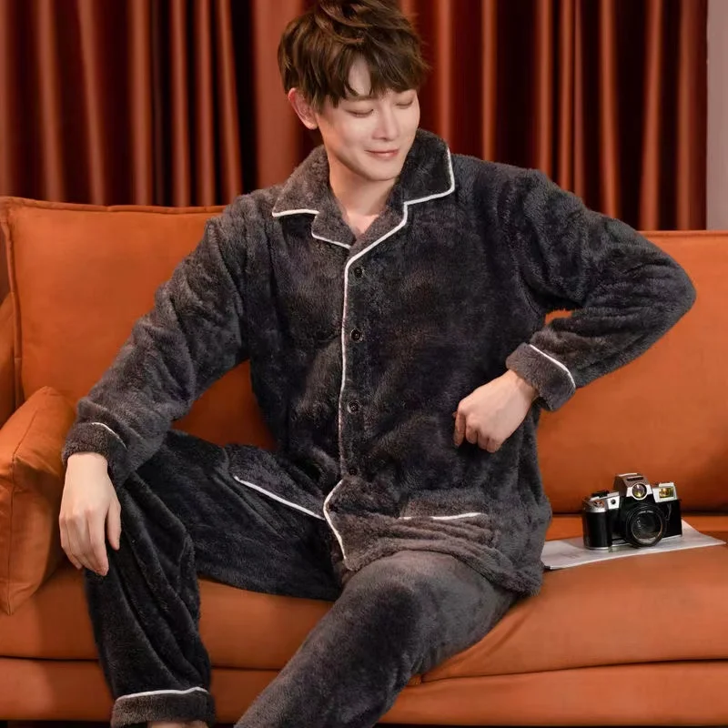 Pajamas Sets Men Winter Thicken Warm Pyjamas Plus Size Coral Fleece Long Sleeve Trousers Homewear Soft Sleepwear Home Clothes