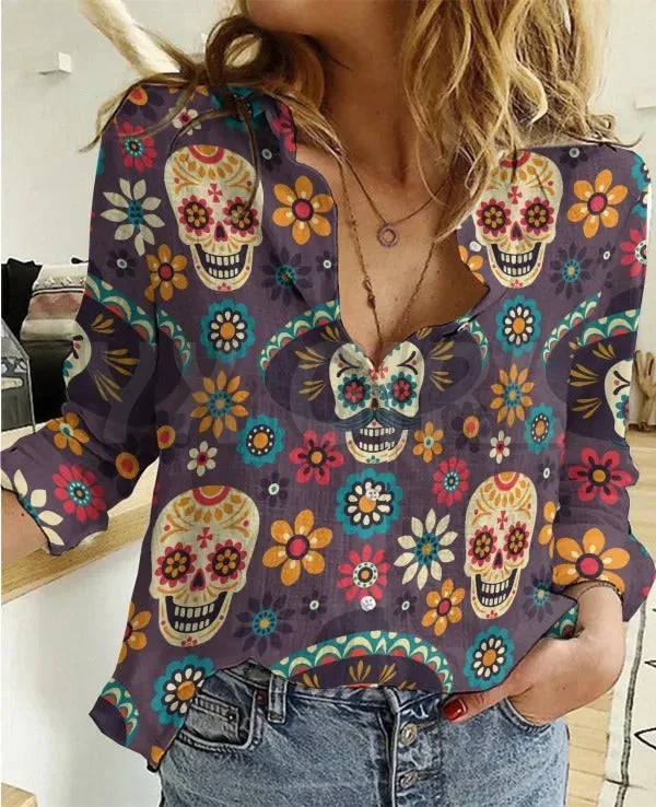 Day Of The Dead Cool Casual Love Skull Shirt  3D Printed Button-down Shirt Casual Unique Streewear
