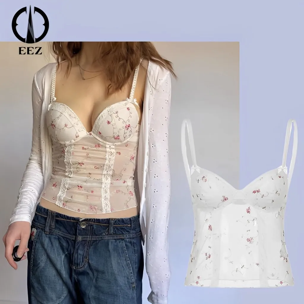 

【See Through】Harajuku Embroidery Sweet White Camis Women Lolita Sexy Slip Crop Top Coquette Goth Pastel Aesthetic Clothes Y2k