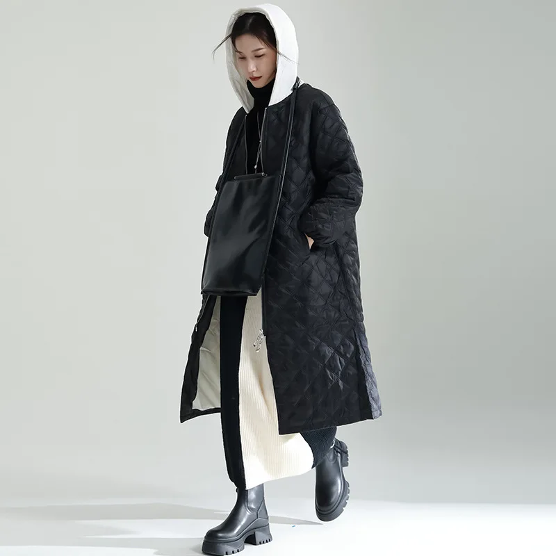 2022 Winter New Rhombus Hooded Down Jacket Collision Color In The Long Section of Thin Cotton Jacket Women