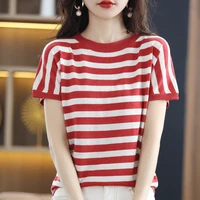 summer new wool knitted t shirt ladies round neck striped thin slim fit fashion all match bottoming pullover short sleeved top