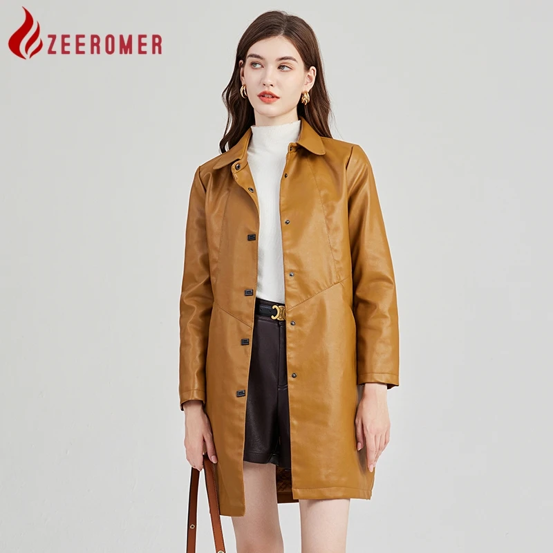 

Женская длинная куртка из ПУ кожи, однобортная теплая Свободная куртка с отложным воротником и хлопковой подкладкой, Осень-зима 2023