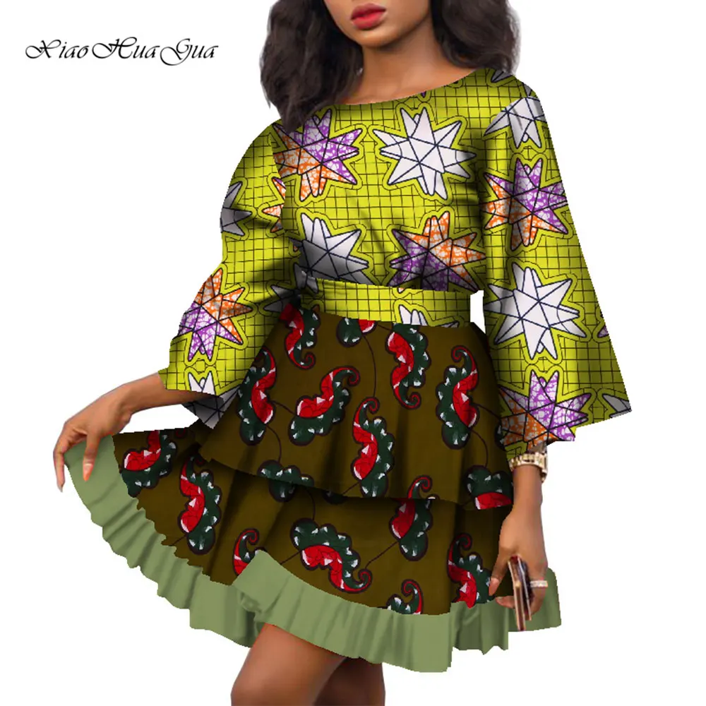 2 Pcs Set African Outfits for Women African Clothes Fashion Long Sleeve Dashiki Blouse and Short Skirts Women Suits WY8027