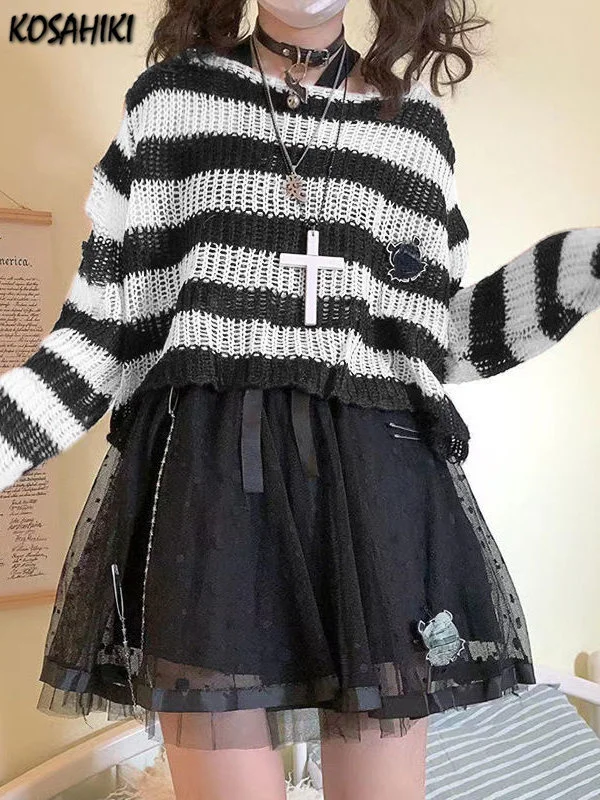 

Женский свитер в готическом стиле, укороченный пуловер в полоску, в стиле эмо, Харадзюку, Y2k