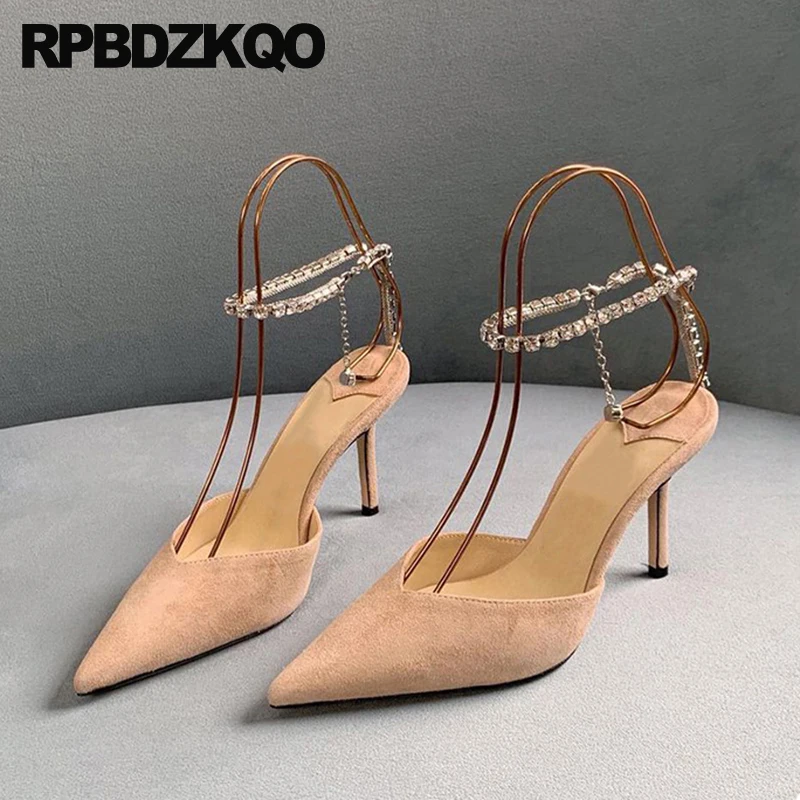 

Bridal Shoes Wedding Glitter Satin High Heels Suede 8cm Bridesmaid Women Crystal Ankle Strap Pointed Toe Pumps Scarpin Sandals