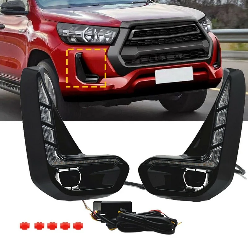 For Toyota Hilux Revo 2020 2021 Led DRL Fog Lamp Daytime Running Light Day Bumper Driving Waterproof Turn Signal Wires Switch