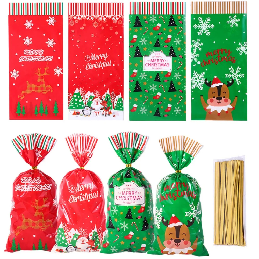 

50PCS Merry Christmas Candy Bag Santa Claus Plastic Candy Treat Bag Snowmen Xmas New Year Biscuit Bags Party Decoration