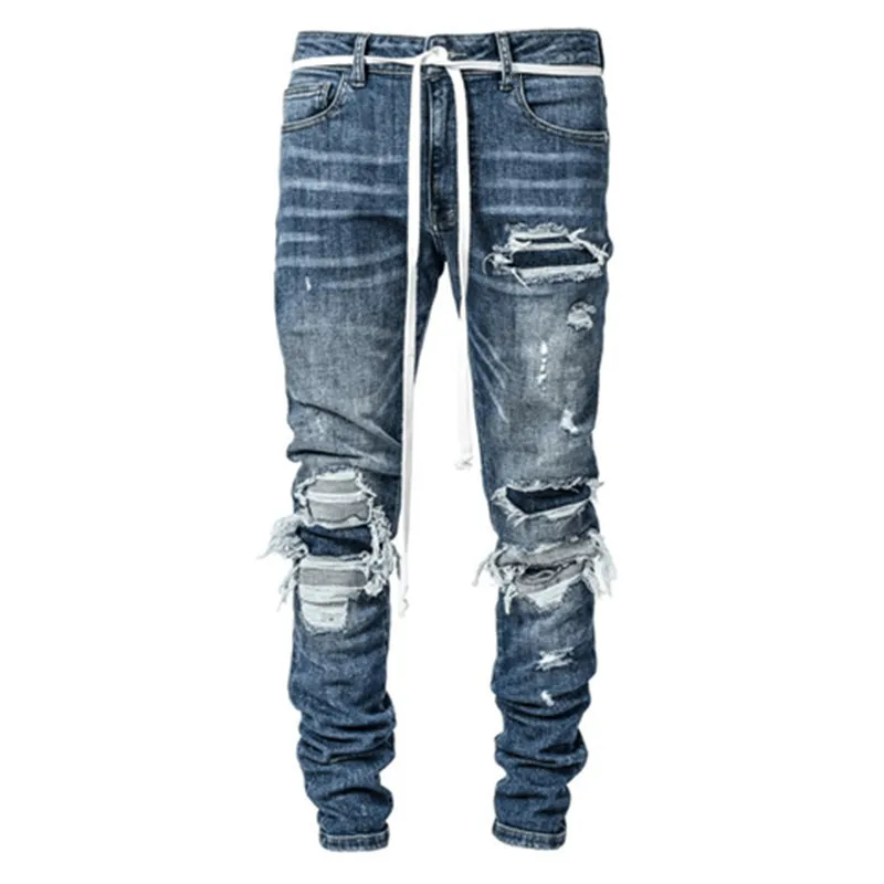 Men Jeans High Street Trend Personality Ripped Jeans Men's Slim Pencil Pants Full Length Denim Jeans Trousers