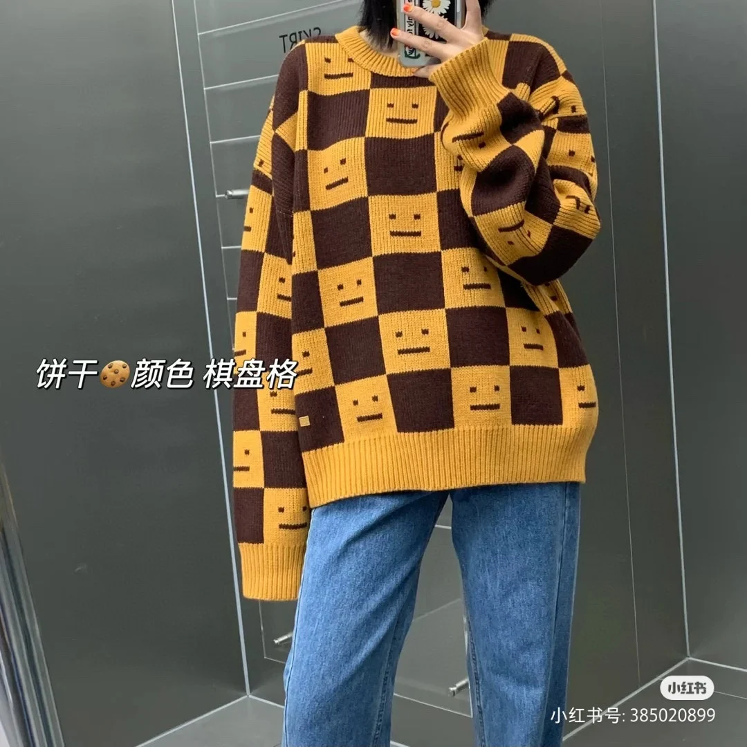 

22fw new AC studios checkerboard smiley face logo sweater acne Swedish minority loose style minimalist Pullover