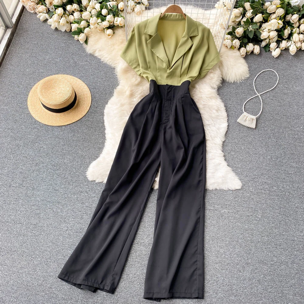 

Office Lady Notched Collar Patchwork Romper Women Elegant Short Sleeve High Waist Wide Leg Playsuits Female Summer OL New