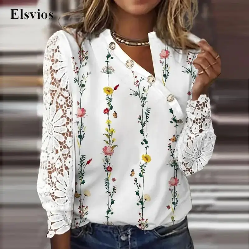 

Женский Асимметричный пуловер с косыми пуговицами, повседневный Свободный Топ с длинным рукавом, блузка, весенние Ажурные кружевные рубашк...