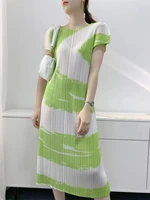 2022 summer new short sleeved miyak pleated dress for women printed slim fit casual midi straight vestido