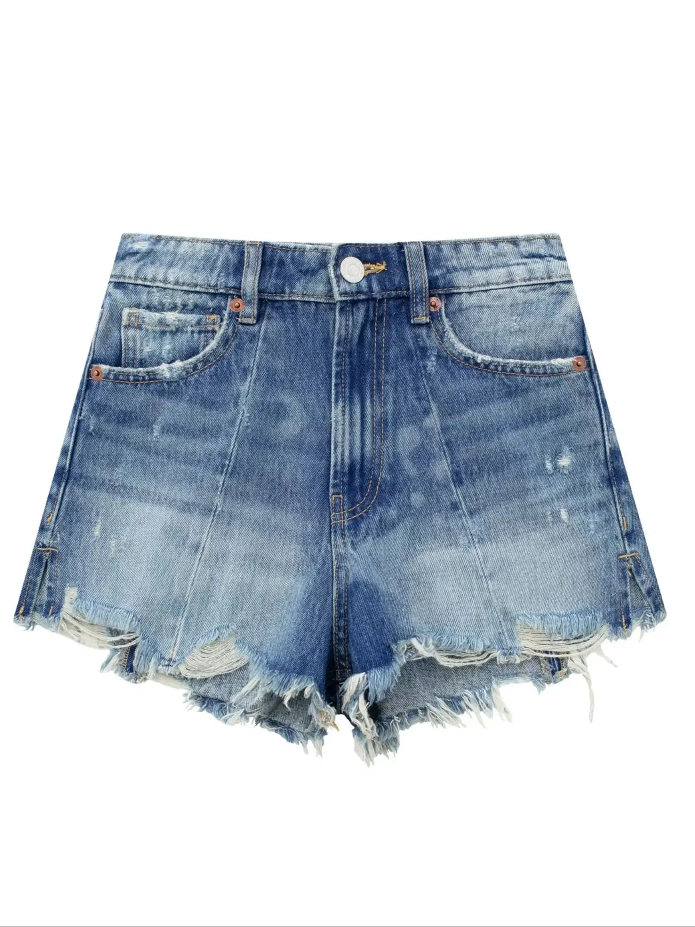 Summer Women's Blue Vintage Do Old Tassel Edge Zipper Metal Button Design High Waist Show Thin Sexy Denim Shorts
