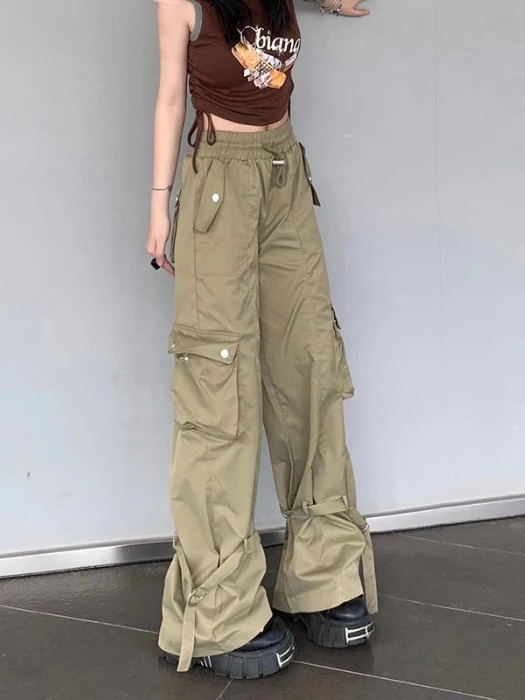 

Drawstring Elastic Waist Loose Straight Leg Pant with Lace-Up Leg Belt Side Pocket y2k pants women clothing summer cargo trouser