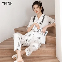yftnh women silk pajamas set cute bees print lapel short sleeve shirt tops and pants outfits for female sleepwear suit homewear