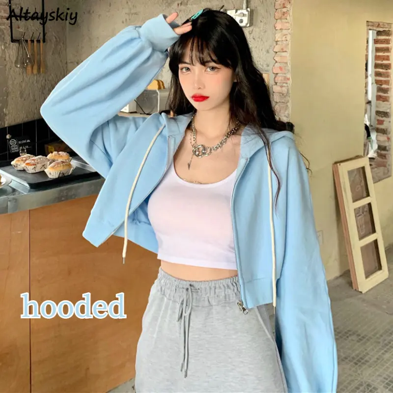 

Cropped Zip-up Hoodies Women Ulzzang Fashion Hotsweet Young Ins All-match Streetwear Schoolgirls Chic Sporty Baggy Preppy Style