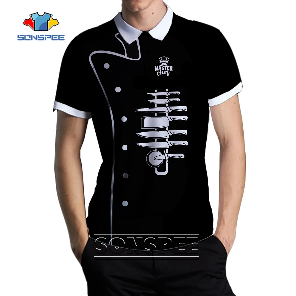 

SONSPEE Black Master Chef Harajuku Polo Shirt New Knives Serial Short Sleeve Streetwear Men Clothing Oversize Male Fitness Tees