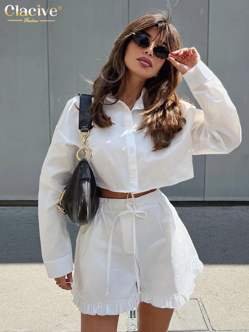 

Clacive Fashion Slim White 2 Piece Sets Women Outfit Elegant Long Sleeve Crop Shirt With High Waist Short Sets Female Streetwear