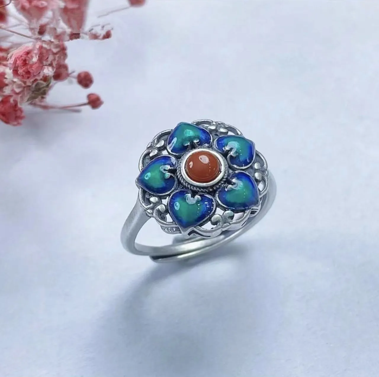 

New and Retro Ethnic Style, Old and Stylish S925 Silver Blue Lotus Open Ring, Stylish and Stylish Accessory