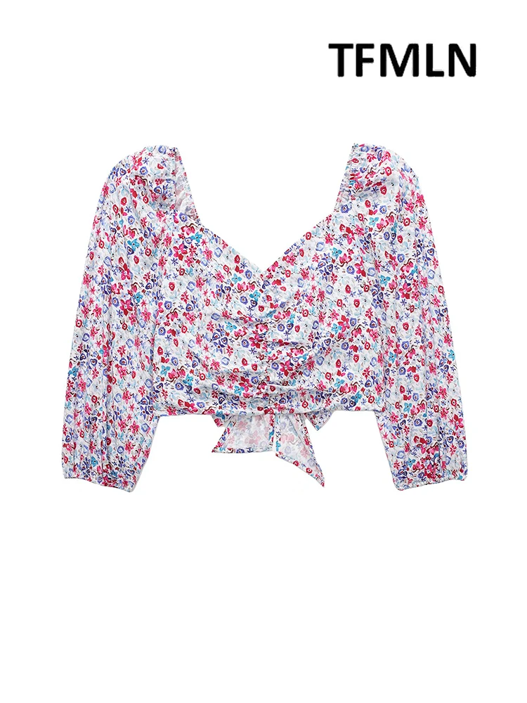 

TFMLN Women Floral Printed Blouses Shirts 2022 Fashion Square Collar Bow Tops Backless Vintage T-Shirts Korean Style Tops