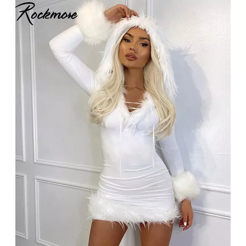 

Rockmore Furry Long Sleeve Hooded Bodycon Mini Dresses Women White V Neck Fuzzy Dress Skinny Christmas Party Streetwear Winter