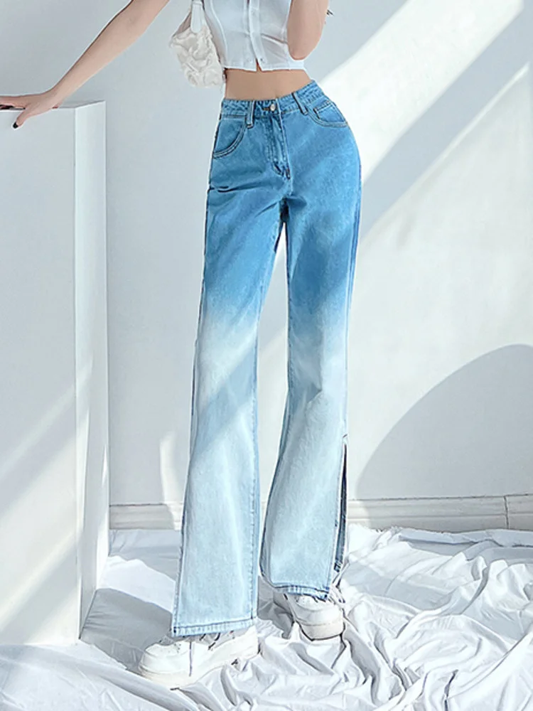 

New Spring Autumn Retro Gradient Wide Leg Jeans High Waist Loose Side Slit High Street Fashion Women's Clothing ZPIV