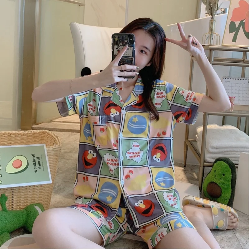 

Summer Pajamas Women's Short-Sleeved Shorts Lapel Cardigan Korean Style Sweet Student Homewear Pairs Short Suit Plaid Sesame