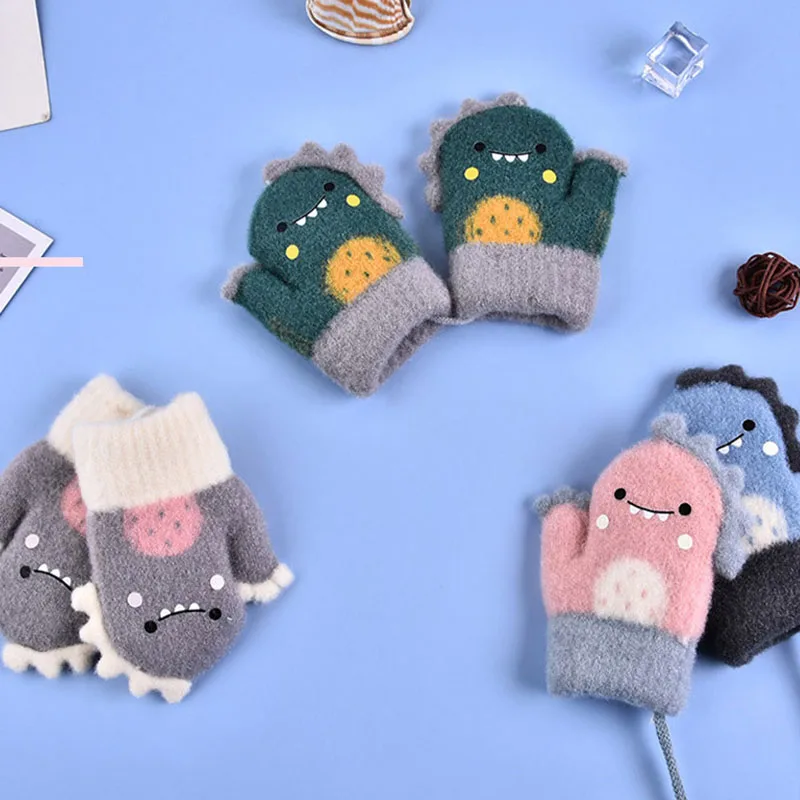 

1Pair Kids Mittens Full Finger Gloves Keep Warm Boy Girl Cartoon Dinosaur Polyester Cute Children Gift Baby Accessories