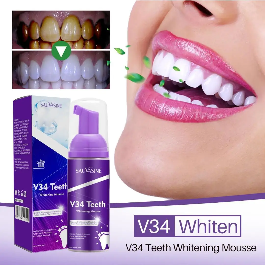 

Фиолетовый мусс V34 для отбеливания зубов, Глубокая очистка, восстановление сигаретных пятен, яркий нейтрализует желтые оттенки, удаление зубного налета
