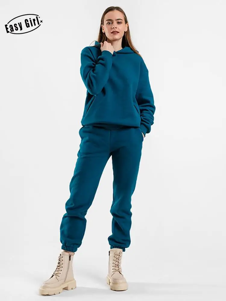 

Casual Hoody Women's Sweatshirt Two Piece Sets Warm Loose Pullover Fall Outfits Women 2022 Winter Sweatpants Female Tracksuit