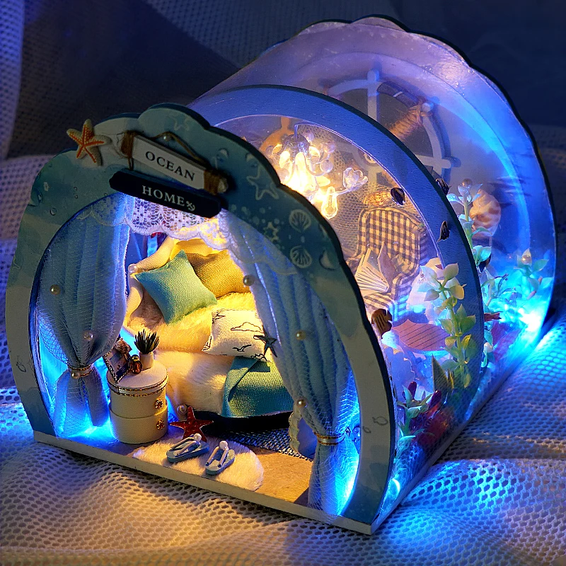 

DIY Miniature Furniture Ocean Room Kit Dollhouse with Light Fish Assembled 3D Model Casa Doll House for Children Adult Gifts
