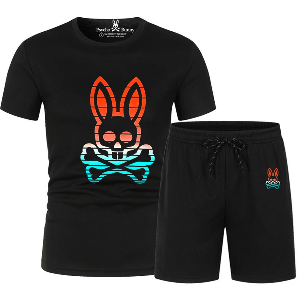 

Psycho Bunny collar print design, men's new summer dugan set, round neck short sleeves+two piece short set