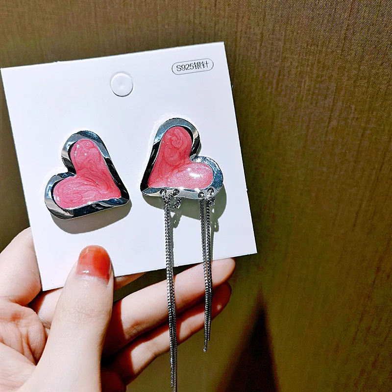 

Minar Personality Pink Color Enamel Heart Shaped Hanging Drop Earrings for Women Silver Color Metal Love Long Tassel Earring
