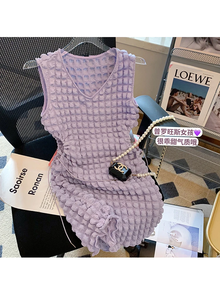 

2022 Summer Women Design V Neck Mini Dress Prom Korean Fashion Plaid V Neck Sleeveless Frocks Vintage Party Solid Color Elegant