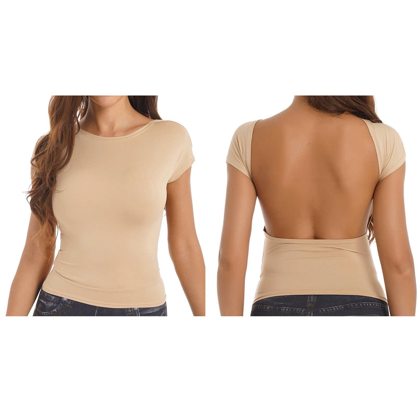 

Womens Fashion Summer Wear Backless Crop Top Casual Solid Color Short Sleeve Cutout T-shirt Party Clubwear