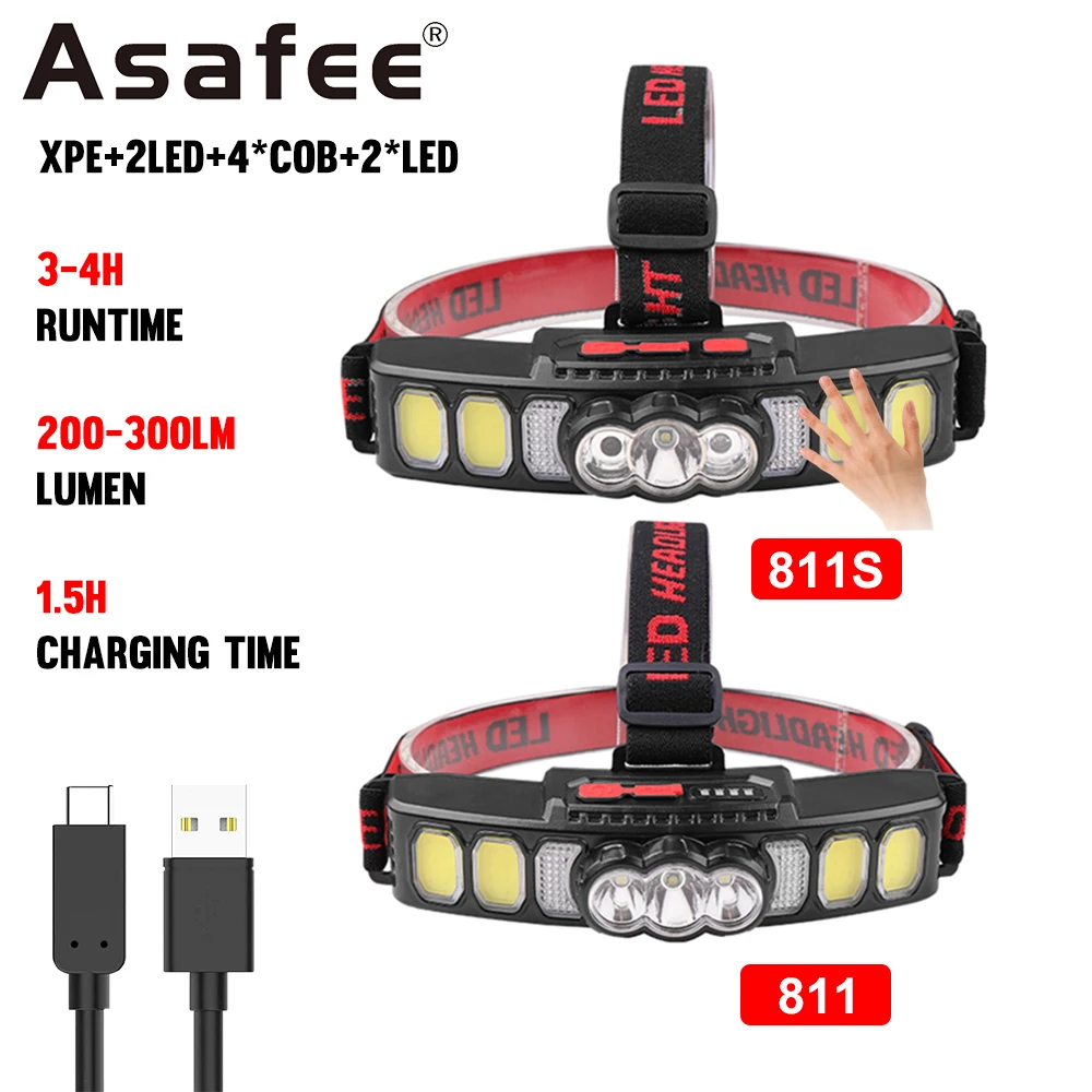 

Asafee 811 COB XPE LED Headlamp IPX4 Waterproof Lamp Rechargeable Headlight Gear Sensor Switch White Red Blue Light Outdoor Camp