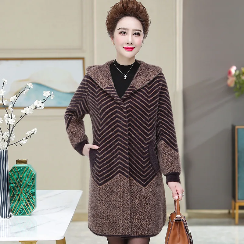 New Middle aged Woman Mother Imitation Mink Cashmere Coat Winter Hooded Thick Sweater Cardigan Jacket Faux Mink Fur Outerwear