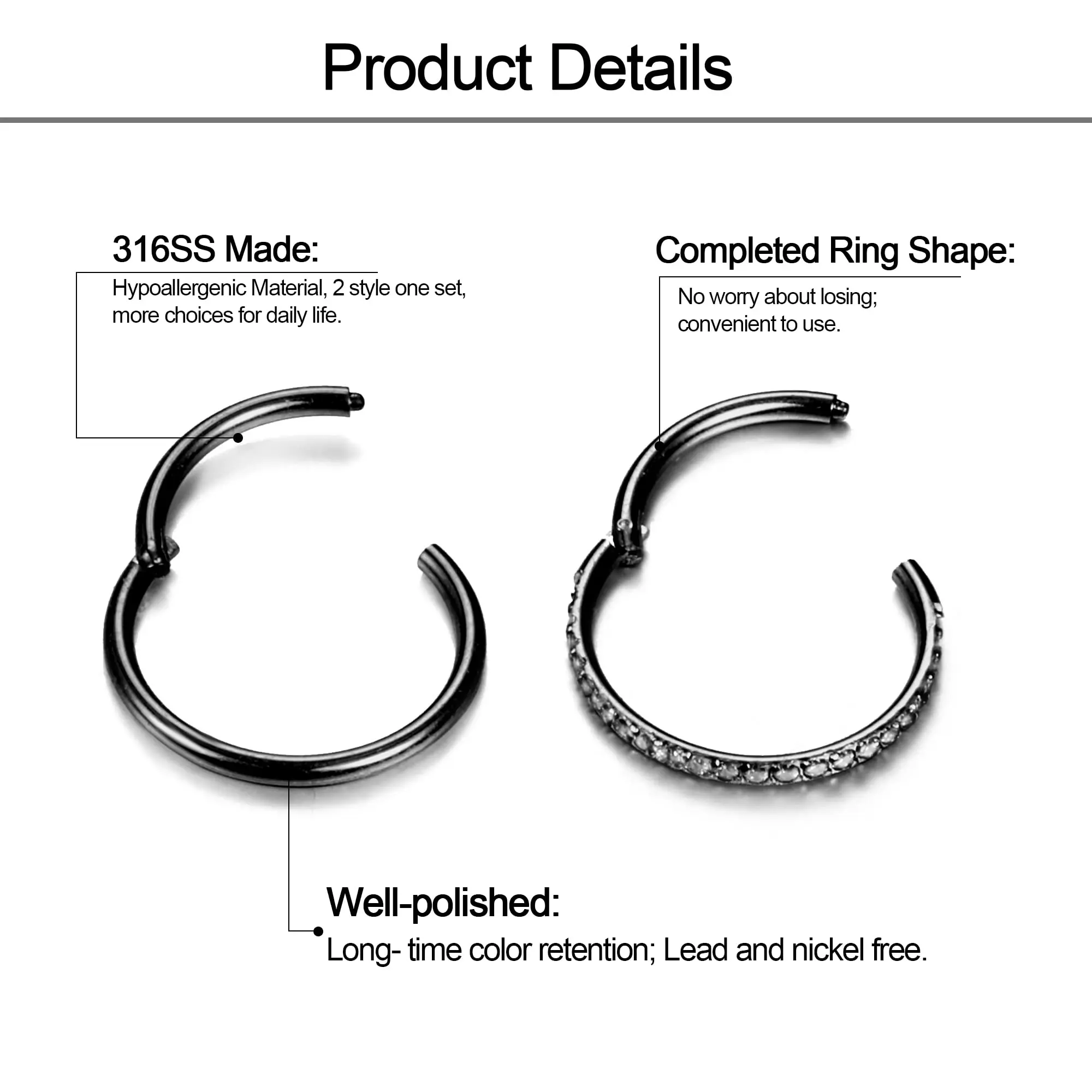 Double Open Stack Titanium Nose Ring Clicker Septum Hinged Tragus Helix Cartilage Nose Piercing Jewelry for Women Men