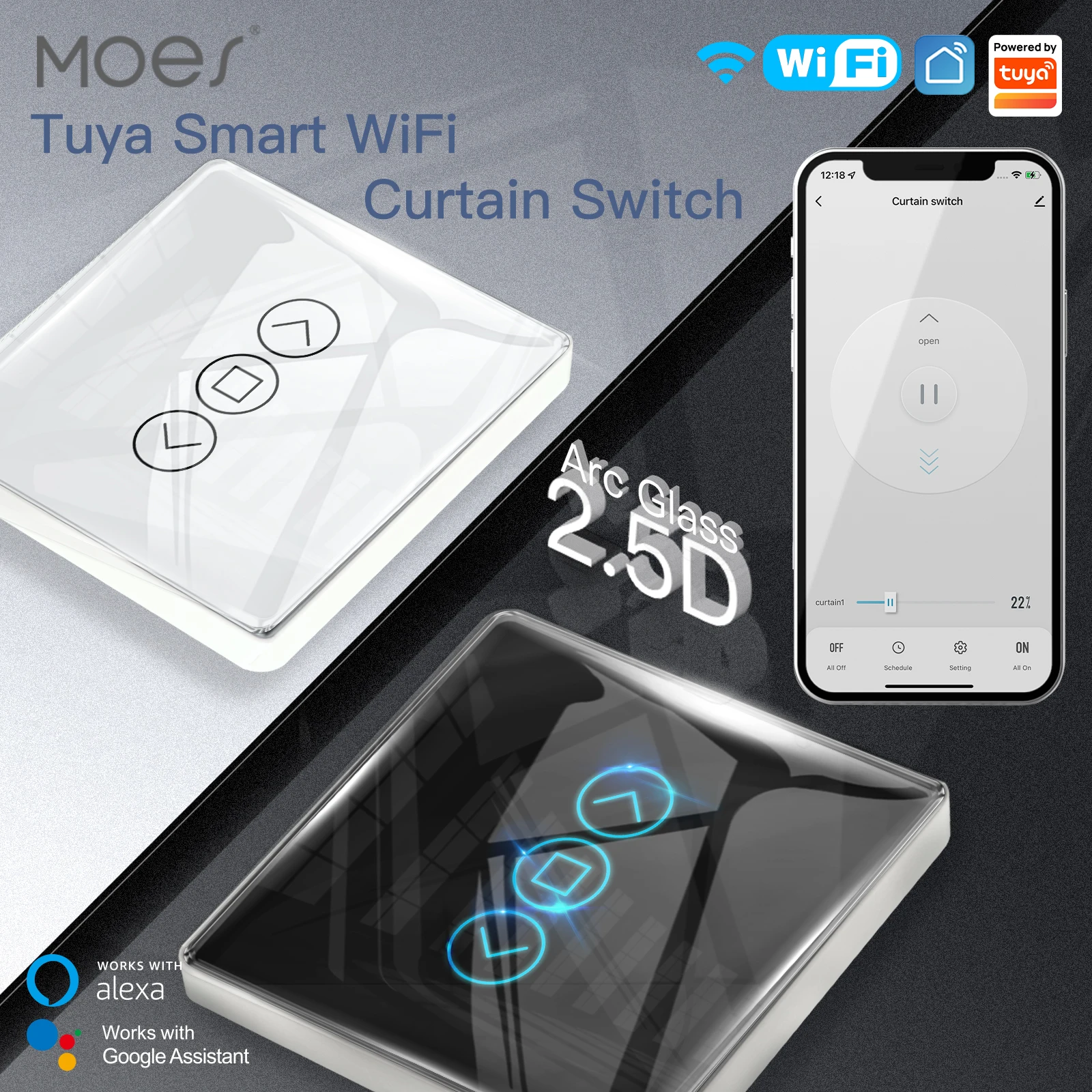 

Moes WiFi RF433 Smart 2.5D Arc Glass Touch Panel Curtain Switch for Roller Blinds Shutters Switch Tuya APP Wireless Remote alexa